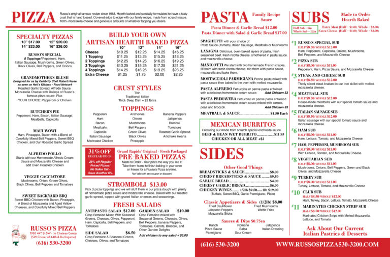 Menu | Russo's Pizza Russo's Pizza